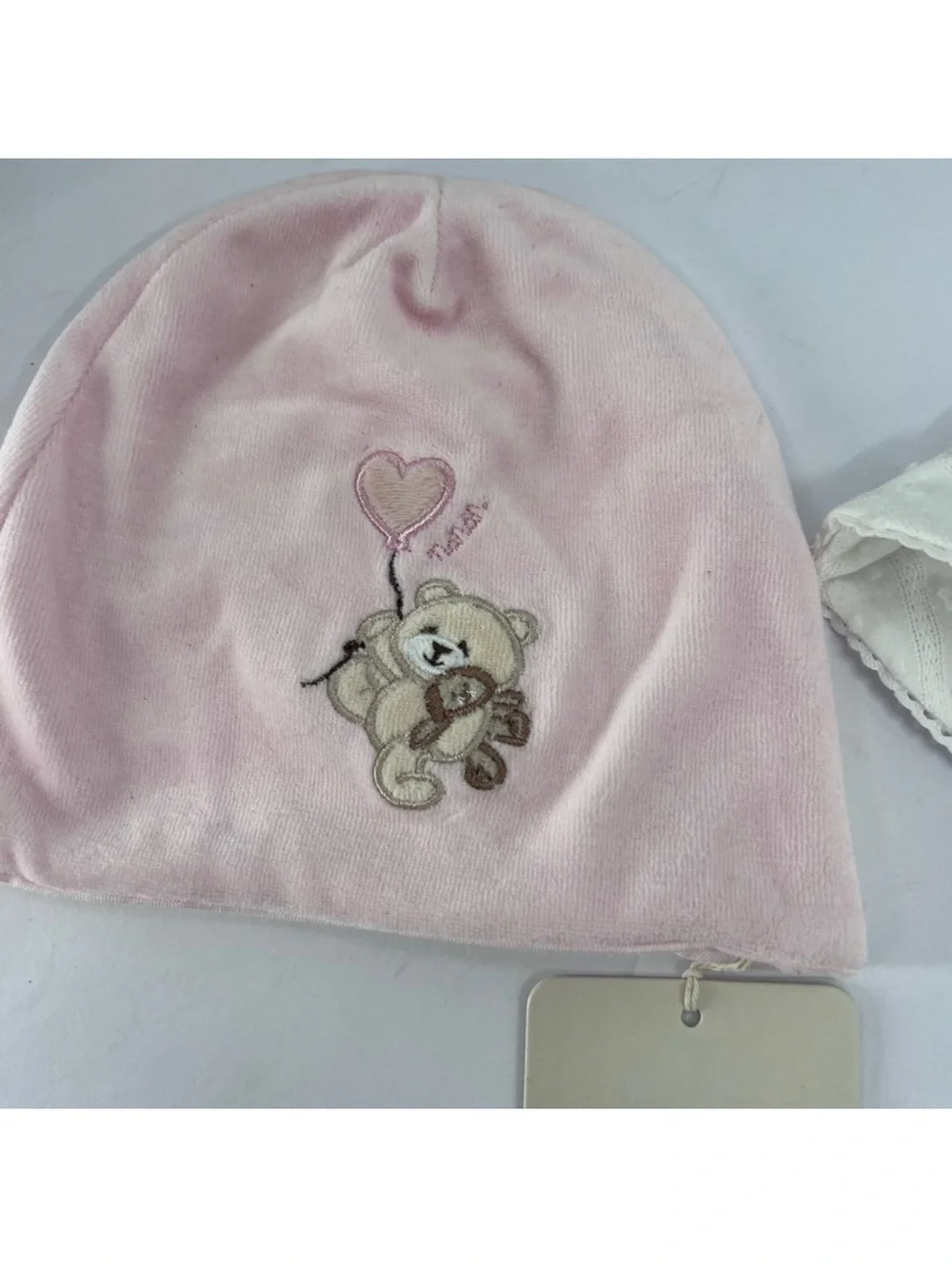 NWT Baby Girl Hat Bundle 6-12M Pink Teddy Beanie & White Eyelet Sun Hat NWT